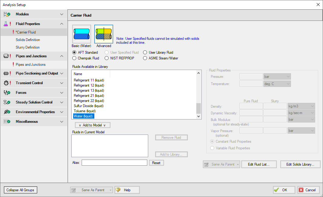 Carrier Fluid panel with the Advanced option selected